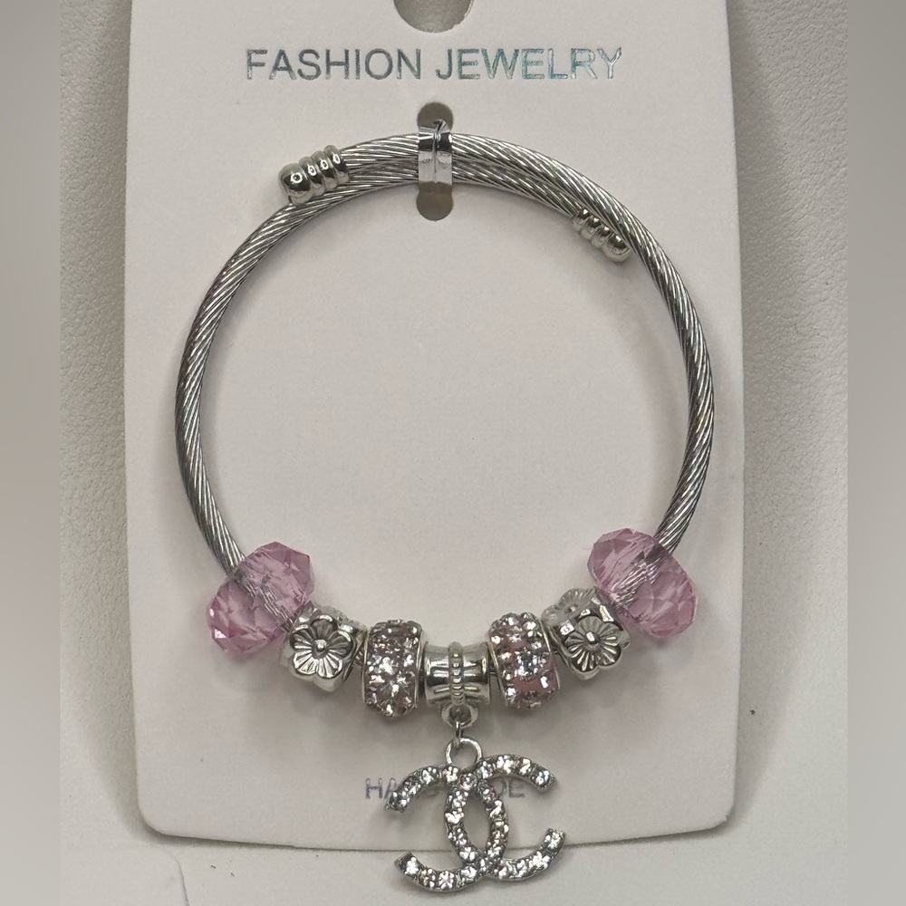 Fashion Jewelry Stainless Steel Pink Sparkling Charm Expandable Bracelet